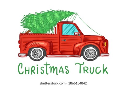 Car with a Christmas tree. Spruce in the luggage of the truck. Delivery concept. Vector illustration for label, badge, logo, postcard or banner. Hand drawn Vintage engraved sketch. 