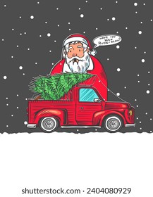 Car with a Christmas tree. Spruce in the luggage of the truck. Delivery concept. Vector illustration for label, badge, logo, postcard or banner. Hand drawn Vintage engraved sketch.