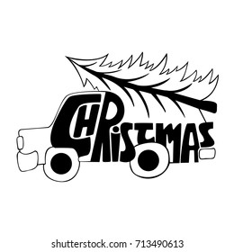 Car with a christmas tree. Vector Christmas calligraphy. Handwritten modern brush lettering. Handdrawn inspiration. Typography poster