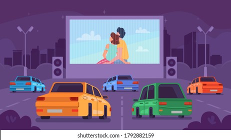 Car cinema or drive movie theater with romantic couple on screen, vector cartoon background. Cars at drive cinema parking lot in night city and movie theater with moan and man embracing on screen