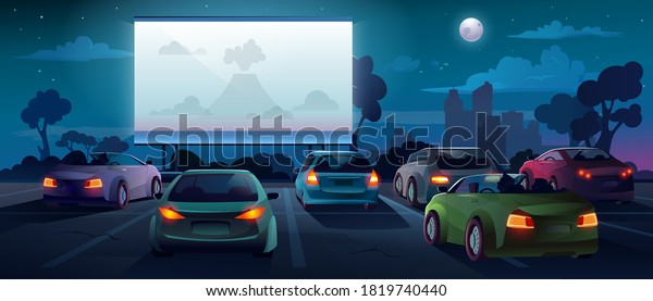 Car cinema or drive in movie theater and auto\
theatre with outdoor screen, vector cartoon background. Car cinema\
or drive movie in open air with people in cars on parking lot\
watching movie