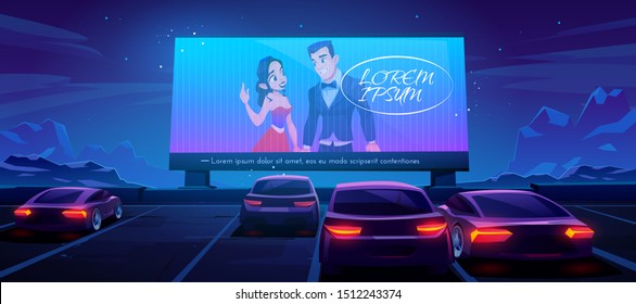 Car cinema. Drive-in theater with automobiles stand in open air parking at night. Large outdoor screen with love movie scene glowing in darkness on starry sky background. Cartoon vector illustration