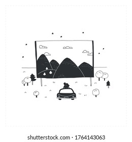 Car cinema. Vector hand drawn simple illustration. For branding and business identity. For movie houses, shops and cafe.