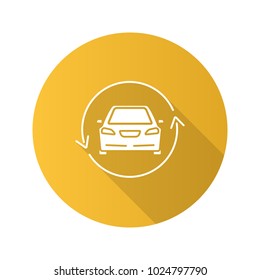 Car with circle arrow flat design long shadow glyph icon. Complete automobile repair service. Used car market. Vector silhouette illustration