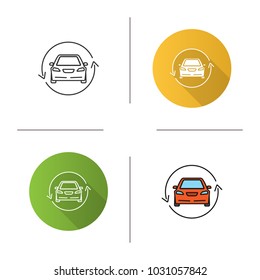 Car with circle arrow icon. Flat design, linear and color styles. Complete automobile repair service. Used car market. Isolated vector illustrations