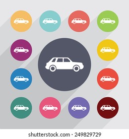 car circle, flat icons set. Round colorful buttons 