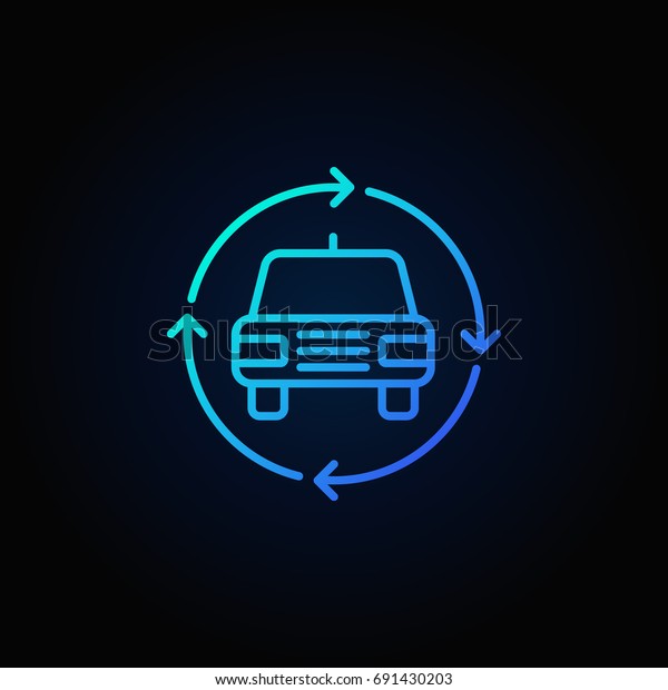 Car in circular arrows icon -\
vector carsharing concept outline blue sign on dark\
background