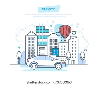 Car city concept. Car driving, ride in park, entertainment outside home. Ride on city street, landscape of summer park, buildings. Illustration thin line design of vector doodles.