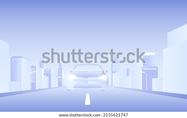 Car in City skyscrapers building office\
skyline on blue background. vector\
design