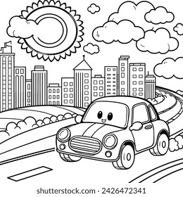 Car in the city. There are buildings, Clouds and Sunshine on the road. Coloring page for kids