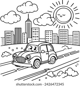 Coche en la ciudad. Hay edificios, nubes y sol en la carretera. Dibujos para colorear para niños