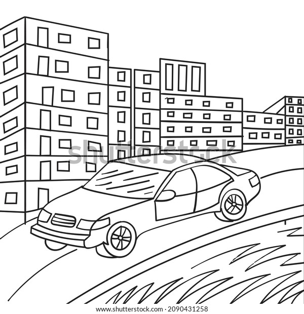 car and city Vector. city car for kids\
coloring book black and white\
Illustration.