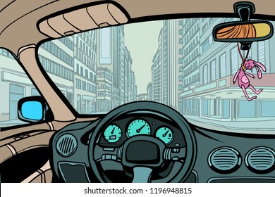 car in the city, view from inside cabin. Comic cartoon pop art retro vector illustration drawing