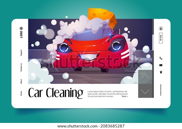 Car cleaning cartoon landing page. Happy\
automobile character with smiling face washing with soap foam and\
sponge on carwash station. Transportation city service for\
vehicles, Vector web\
banner