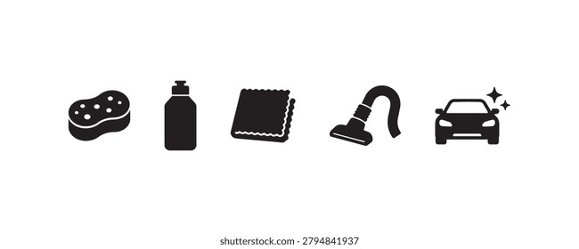 Car cleaning essentials: sponge, soap, cloth, vacuum, sparkling car icon set.