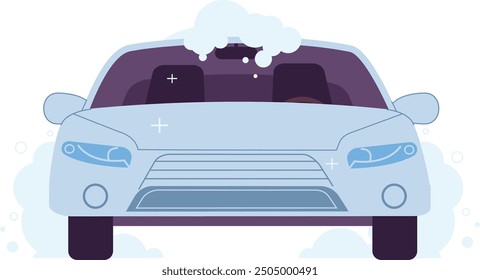 Car with cleaning foam front view. Professional auto wash isolated on white background