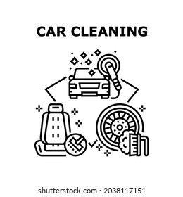 Car Cleaning Service Vector Icon Concept. Car Cleaning Service For Washing And Polishing Vehicle Body, Clean Wheel And Vacuum Hoovering Seat. Transport Wash Occupation Black Illustration