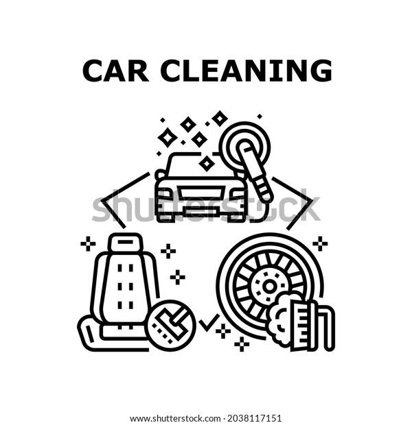 Car Cleaning Service Vector Icon Concept.\
Car Cleaning Service For Washing And Polishing Vehicle Body, Clean\
Wheel And Vacuum Hoovering Seat. Transport Wash Occupation Black\
Illustration