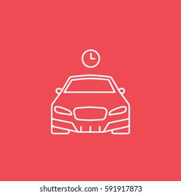 Car And Clock Line Icon On Red Background