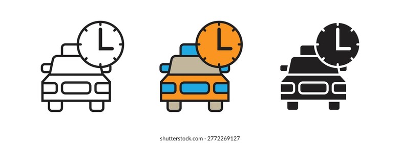 Car with Clock Symbol. Front view car icon with a clock representing taxi wait times, rental durations, parking schedules, and time-sensitive private transportation services.