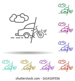 Car, cloud smoke, bicycle in multi color style in multi color style icon. Simple thin line, outline vector of car harmful gases icons for ui and ux, website or mobile application
