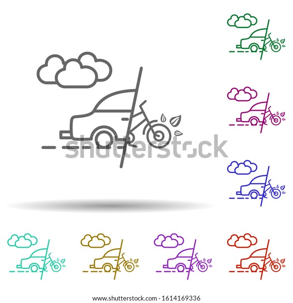 Car, cloud\
smoke, bicycle in multi color style in multi color style icon.\
Simple thin line, outline vector of car harmful gases icons for ui\
and ux, website or mobile\
application