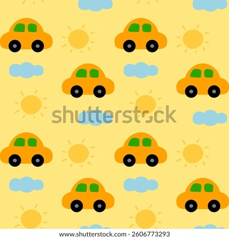 Car, Cloud, Sun on yellow Background, Fabric Pattern, Gift Wrapping Paper, Seamless Pattern