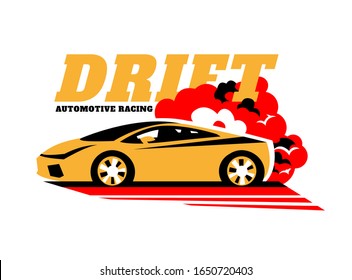 Car club logotype. Drifting, speed racing. Editable vector illustration in a graphic style. Automotive isolatedimage in red, yellow, black colors useful for sign, logo, pictogram, brand identity