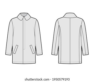 Car coat technical fashion illustration with long sleeves, round lapel collar, oversized, stitched welt, hide closure. Flat jacket template front, back, grey color style. Women, men, unisex top CAD