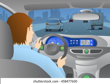 car cockpit back view, a man is driving a car through an urban road