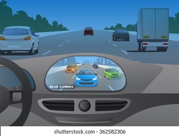 car cockpit and rear view camera image, vector illustration