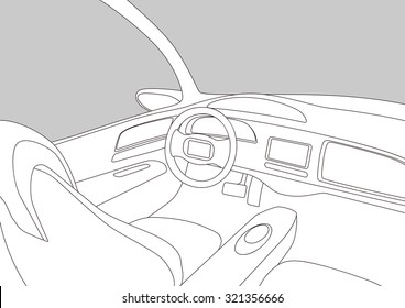 car cockpit   various displays  line drawing illustration