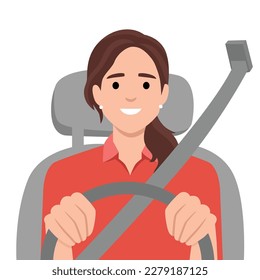 Car cockpit and a woman driver, front view with seat belt. Flat vector illustration isolated on white background