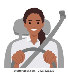 Car cockpit and a woman driver, front view with seat belt. Flat vector illustration isolated on white background