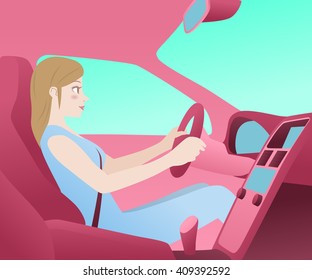 Car Cockpit And A Woman Driver, Side View, Vector Illustration