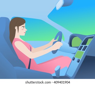 car cockpit and a woman driver, side view, vector illustration