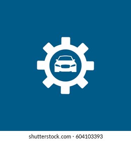 Car In Cogwheel Flat Icon On Blue Background