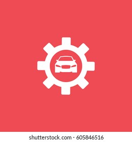 Car In Cogwheel Flat Icon On Red Background