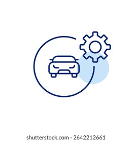 Car and cogwheel. Vehicle maintenance, car settings, automotive repair, system diagnostics, engine configuration, transport management. Pixel perfect, editable stroke vector icon