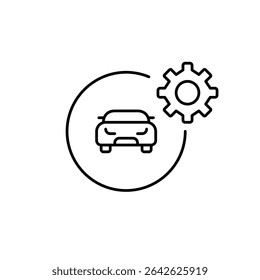 Car and cogwheel. Vehicle maintenance, car settings, automotive repair, system diagnostics, engine configuration, transport management. Pixel perfect, editable stroke vector icon