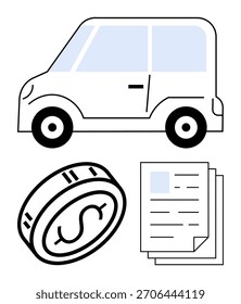 Coche, moneda con signo de dólar y documentos. Ideal para la financiación de automóviles, préstamos para automóviles, seguro de compra de vehículos, alquiler de presupuesto de planificación de la propiedad del coche. Línea metáfora. Línea metáfora. Iconos de línea simples