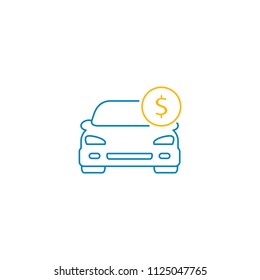Car with coin icon vector. Buying car web button in flat style. Save money for buying car illustration.