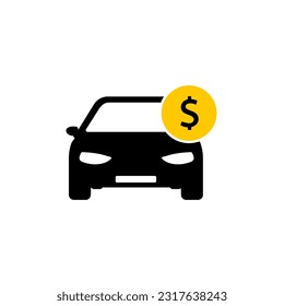 Car with coin icon vector. Buying car web button in flat style. Save money for buying car.