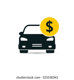 Car With Coin Icon Vector. Buying Car Web Button In Flat Style. Save Money For Buying Car.