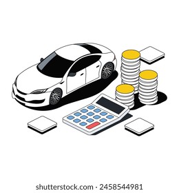 Car coins, calculator. Vector 3d line isometric, color web icons, new flat style. Creative design idea for infographics.