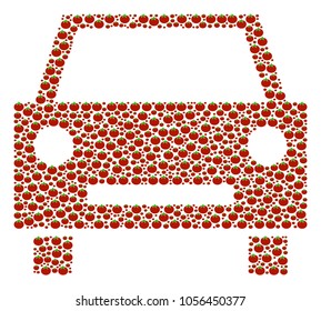 Car collage of tomato. Vector tomato objects are united into car illustration. Vegan vector illustration.