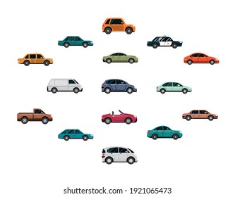 Car Collection, Automobiles Side View, White Background Vector Illustration