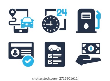 Conjunto de iconos de Colección y compra de automóviles. Iconos de la serie de glifos sólidos