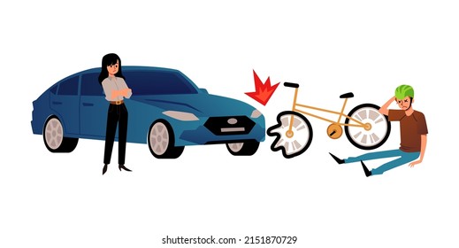Car collides with bicycle, sad woman and injured cyclist, flat vector illustration isolated on white background. Man in protective helmet sits fell from bike. Traffic collision and car accident.