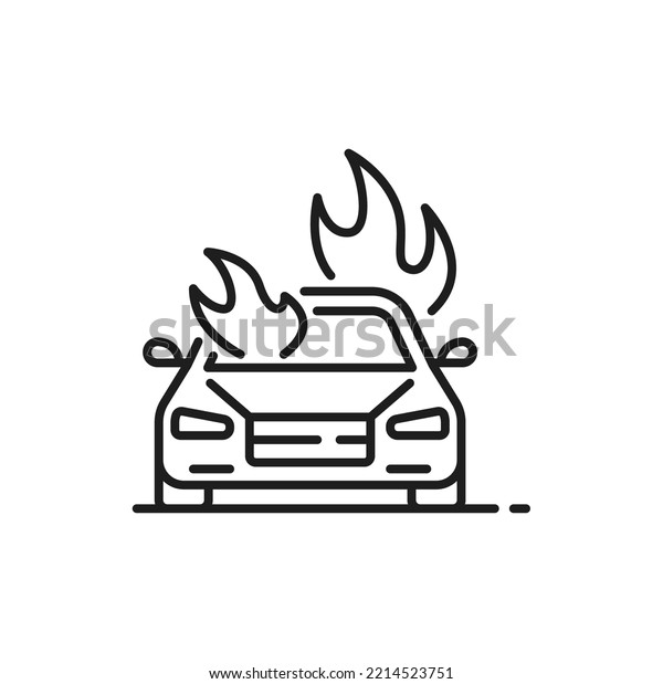 Car collision, accident or damage thin line icon.\
Automobile damage in fire or disaster icon with car in flames. Car\
road crash, collision or vehicle driving safety outline vector\
pictogram or icon